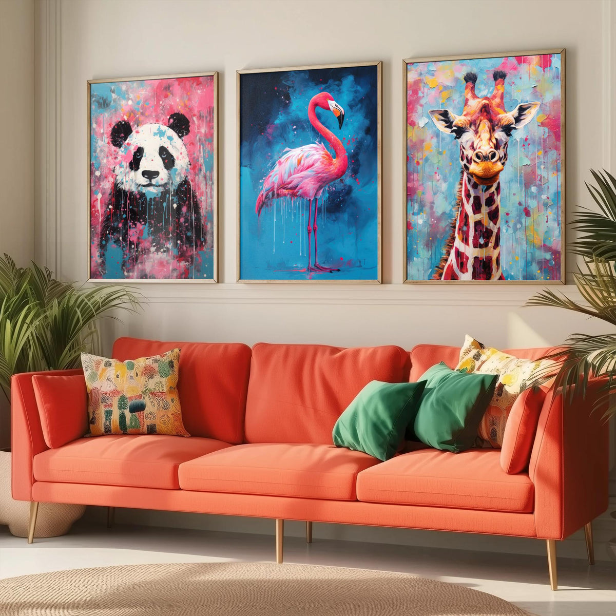 Panda, Flamingo and Giraffe Set of Three Art Prints - Bold Colourful Brush Strokes - Abstract Animal Painting Poster