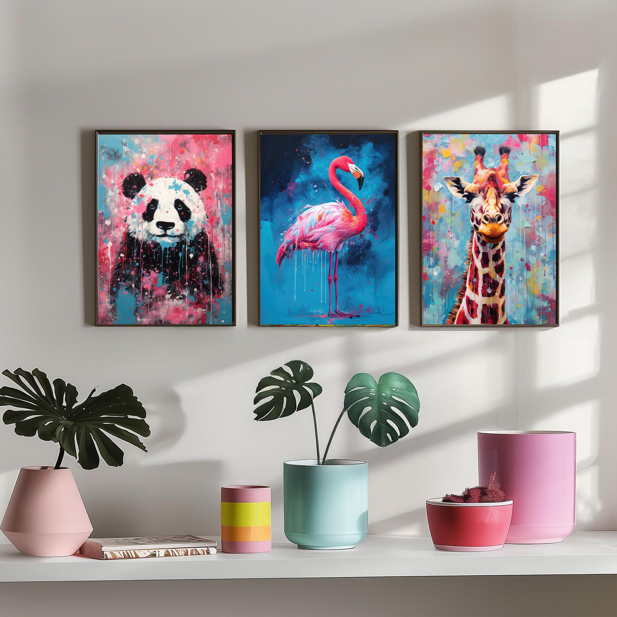 Panda, Flamingo and Giraffe Set of Three Art Prints - Bold Colourful Brush Strokes - Abstract Animal Painting Poster