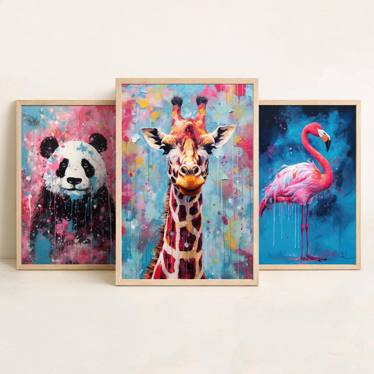 Panda, Flamingo and Giraffe Set of Three Art Prints - Bold Colourful Brush Strokes - Abstract Animal Painting Poster