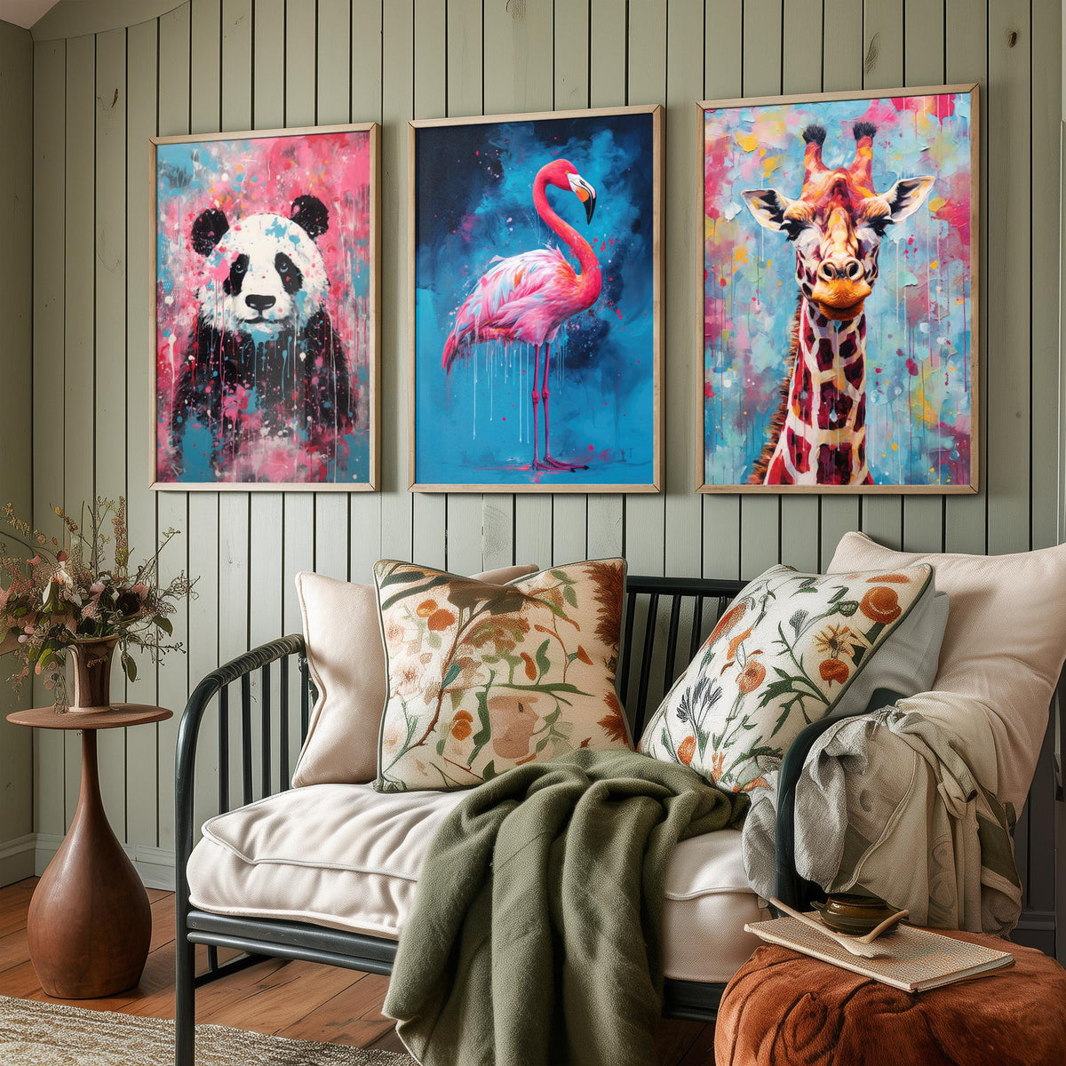 Panda, Flamingo and Giraffe Set of Three Art Prints - Bold Colourful Brush Strokes - Abstract Animal Painting Poster