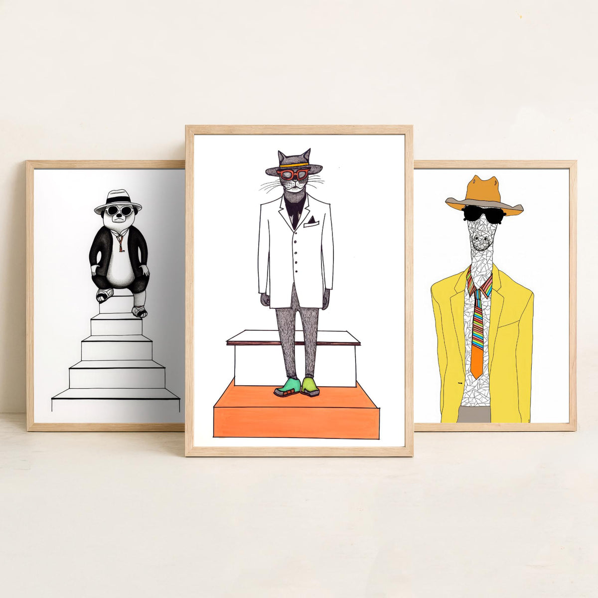 Dapper Animals Set of Three Art Prints - Panda, Giraffe, Cat - Quirky Fashion Line Drawing Poster
