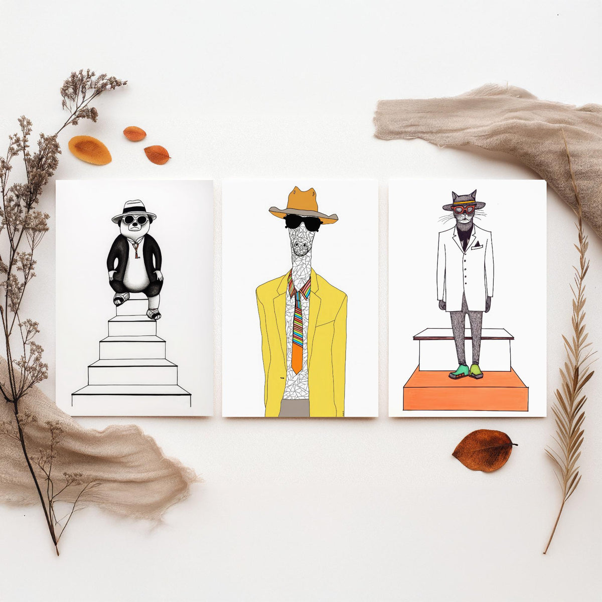 Dapper Animals Set of Three Art Prints - Panda, Giraffe, Cat - Quirky Fashion Line Drawing Poster