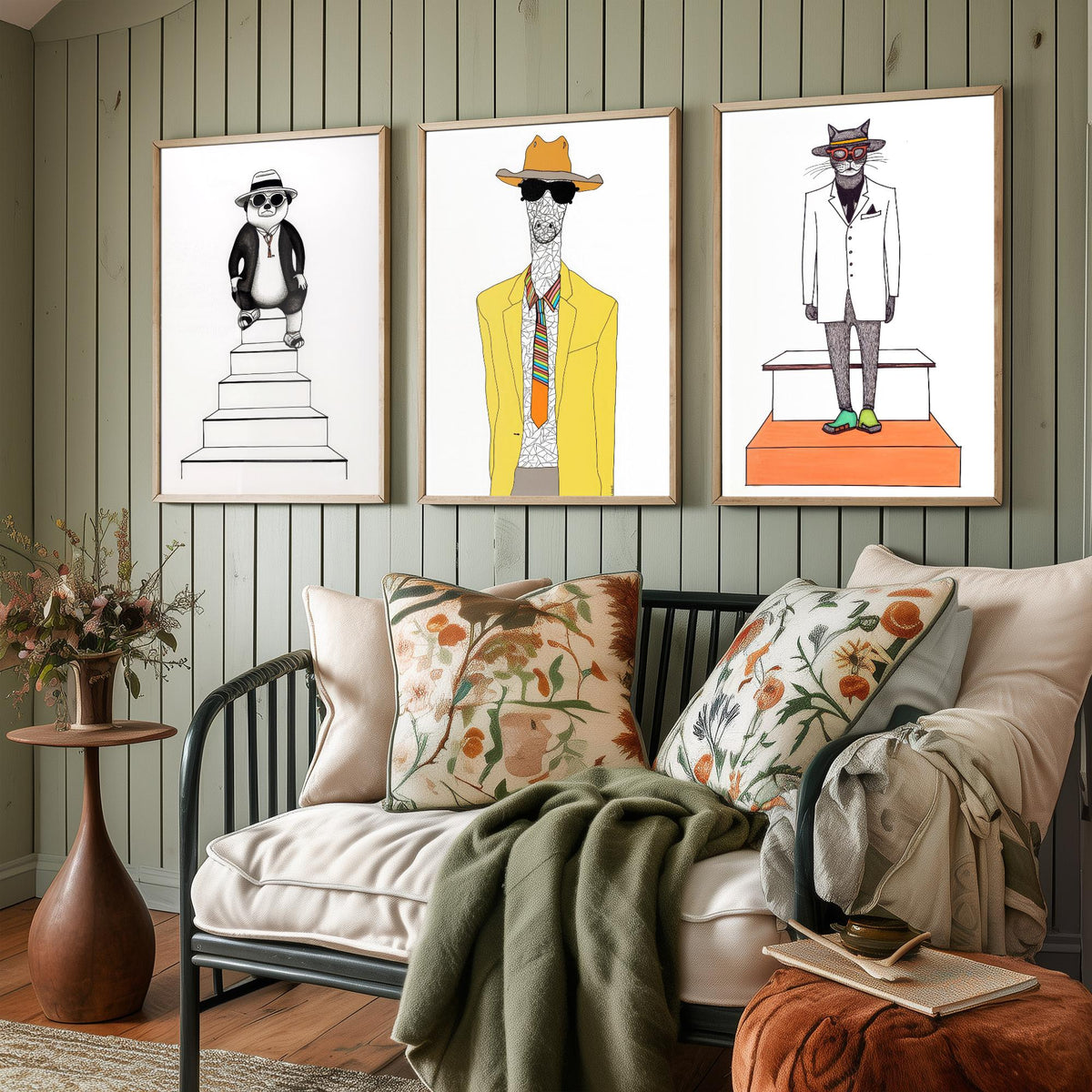 Dapper Animals Set of Three Art Prints - Panda, Giraffe, Cat - Quirky Fashion Line Drawing Poster