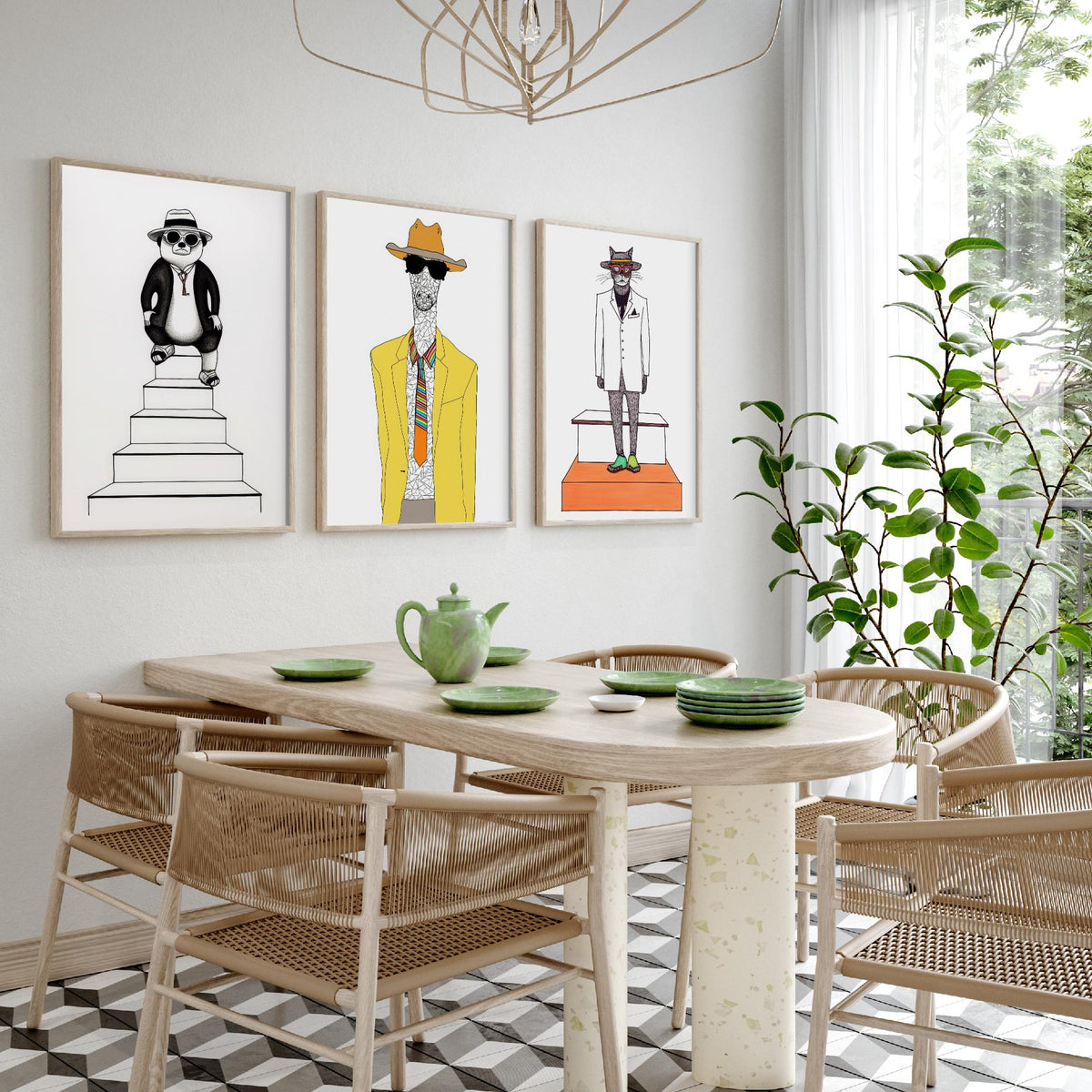 Dapper Animals Set of Three Art Prints - Panda, Giraffe, Cat - Quirky Fashion Line Drawing Poster