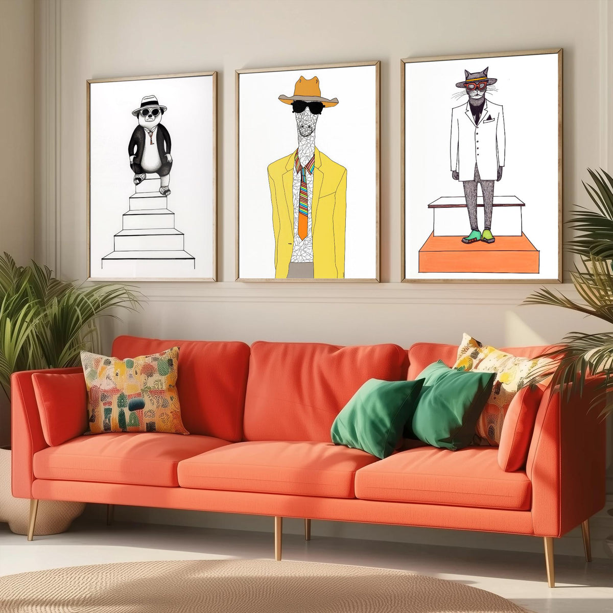 Dapper Animals Set of Three Art Prints - Panda, Giraffe, Cat - Quirky Fashion Line Drawing Poster