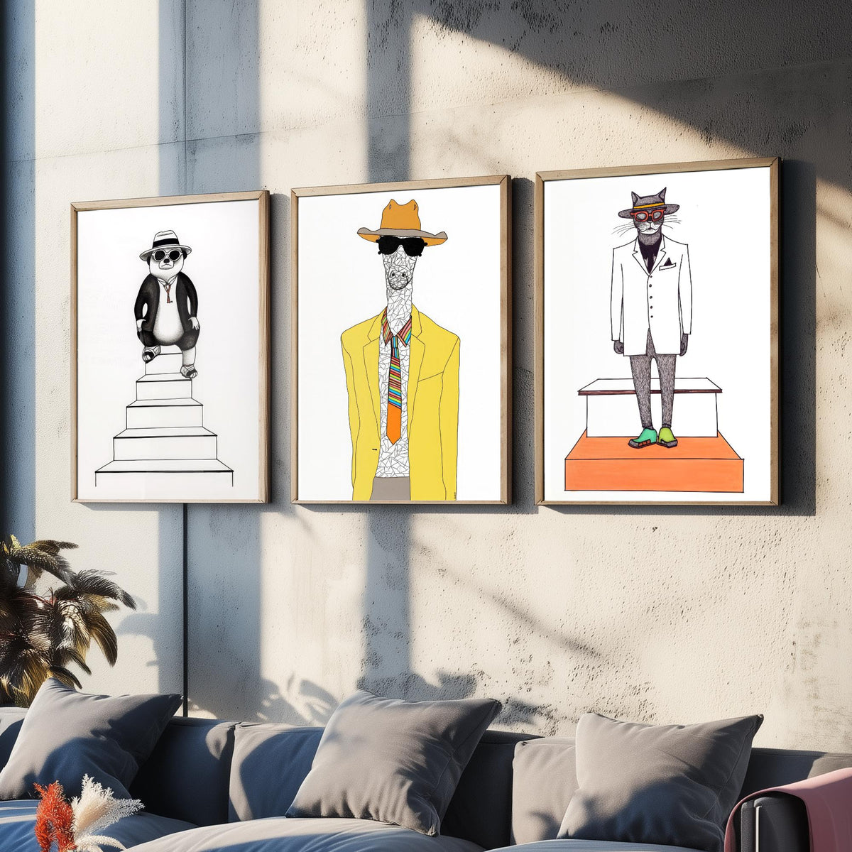 Dapper Animals Set of Three Art Prints - Panda, Giraffe, Cat - Quirky Fashion Line Drawing Poster