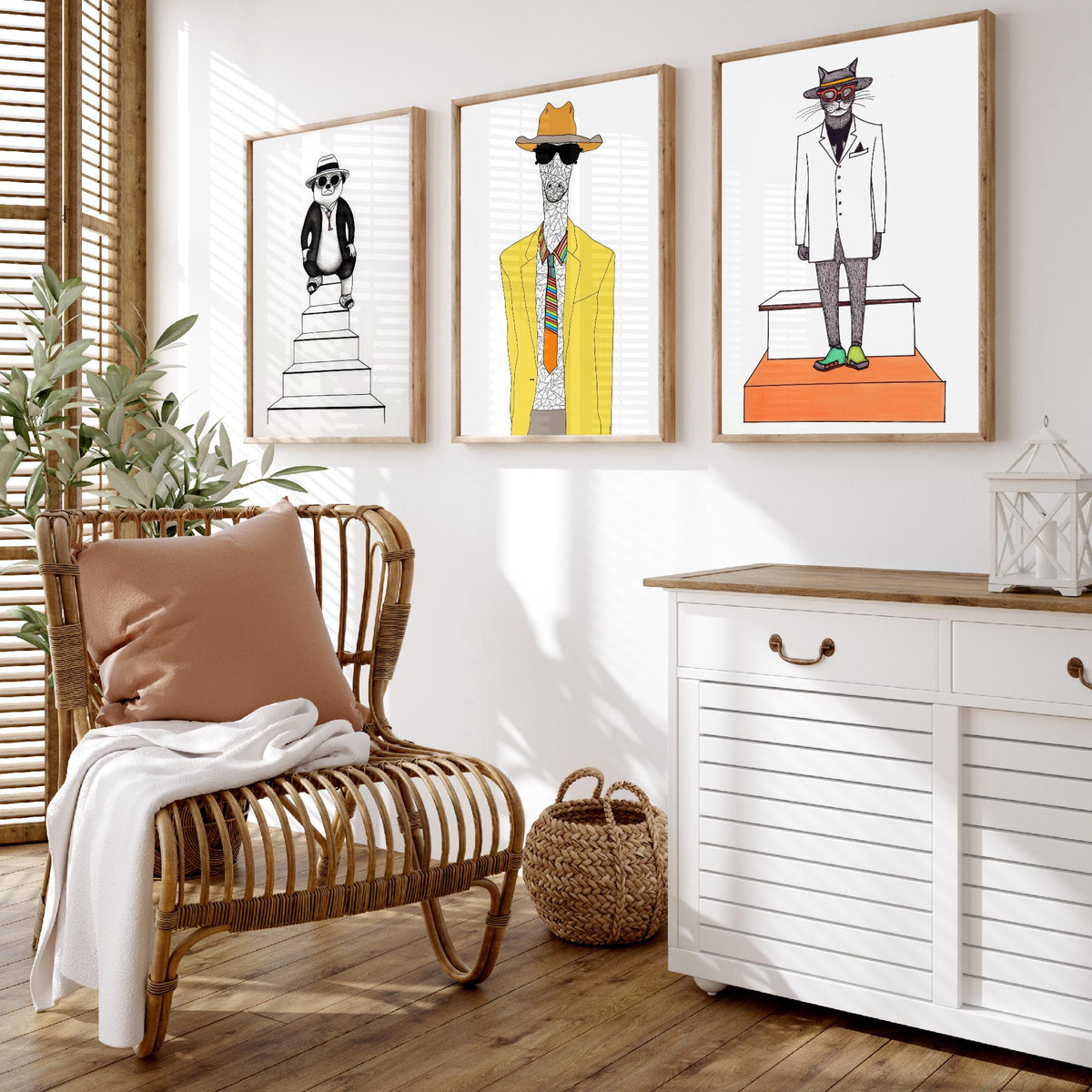 Dapper Animals Set of Three Art Prints - Panda, Giraffe, Cat - Quirky Fashion Line Drawing Poster