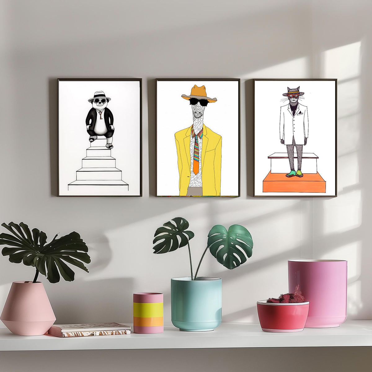 Dapper Animals Set of Three Art Prints - Panda, Giraffe, Cat - Quirky Fashion Line Drawing Poster