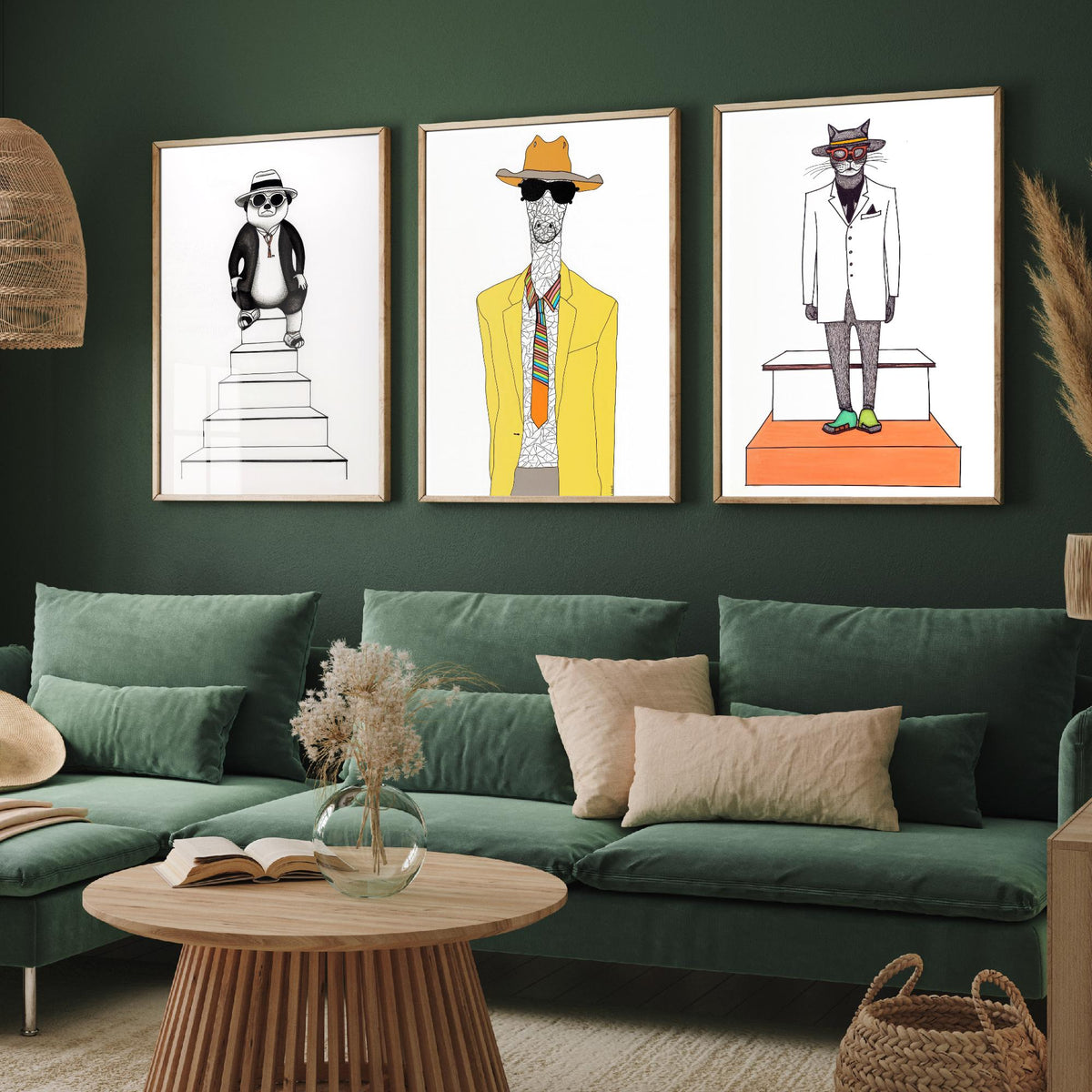 Dapper Animals Set of Three Art Prints - Panda, Giraffe, Cat - Quirky Fashion Line Drawing Poster