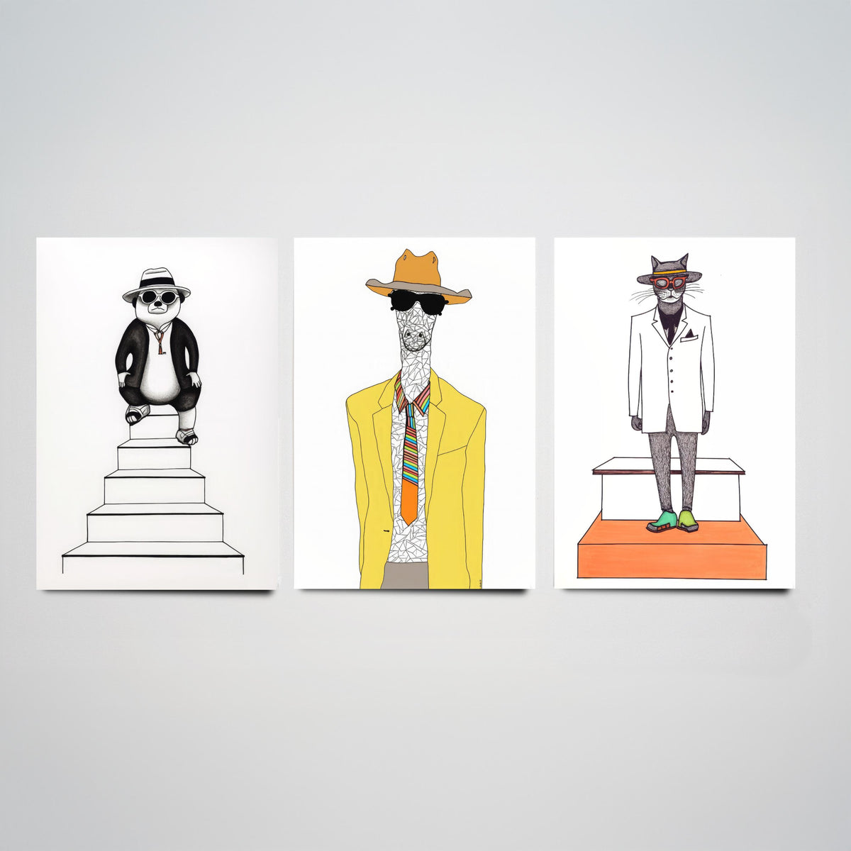 Dapper Animals Set of Three Art Prints - Panda, Giraffe, Cat - Quirky Fashion Line Drawing Poster