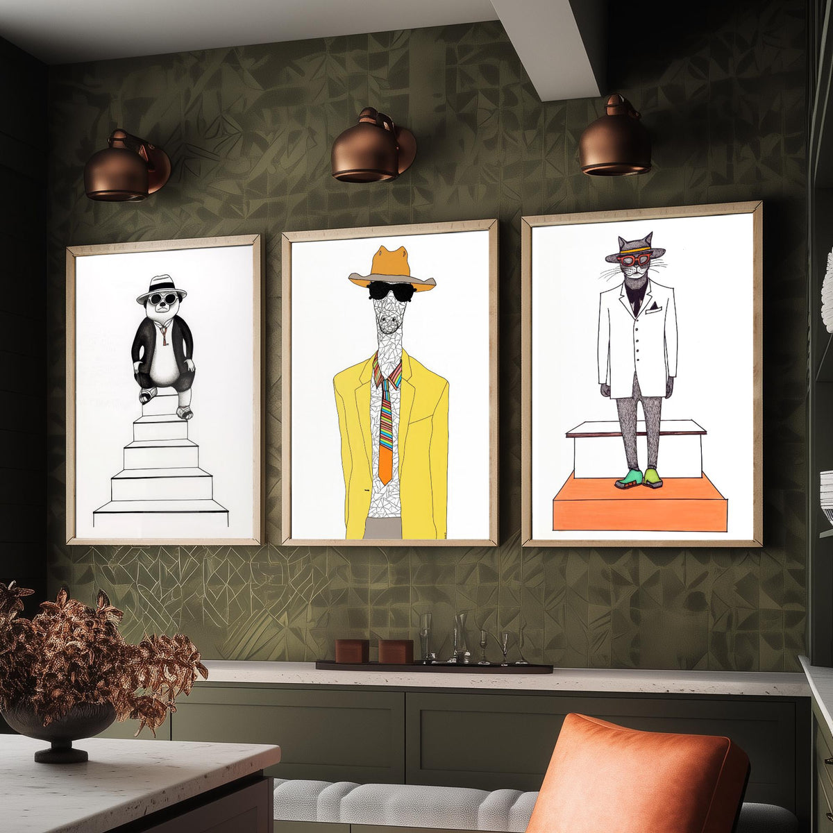Dapper Animals Set of Three Art Prints - Panda, Giraffe, Cat - Quirky Fashion Line Drawing Poster