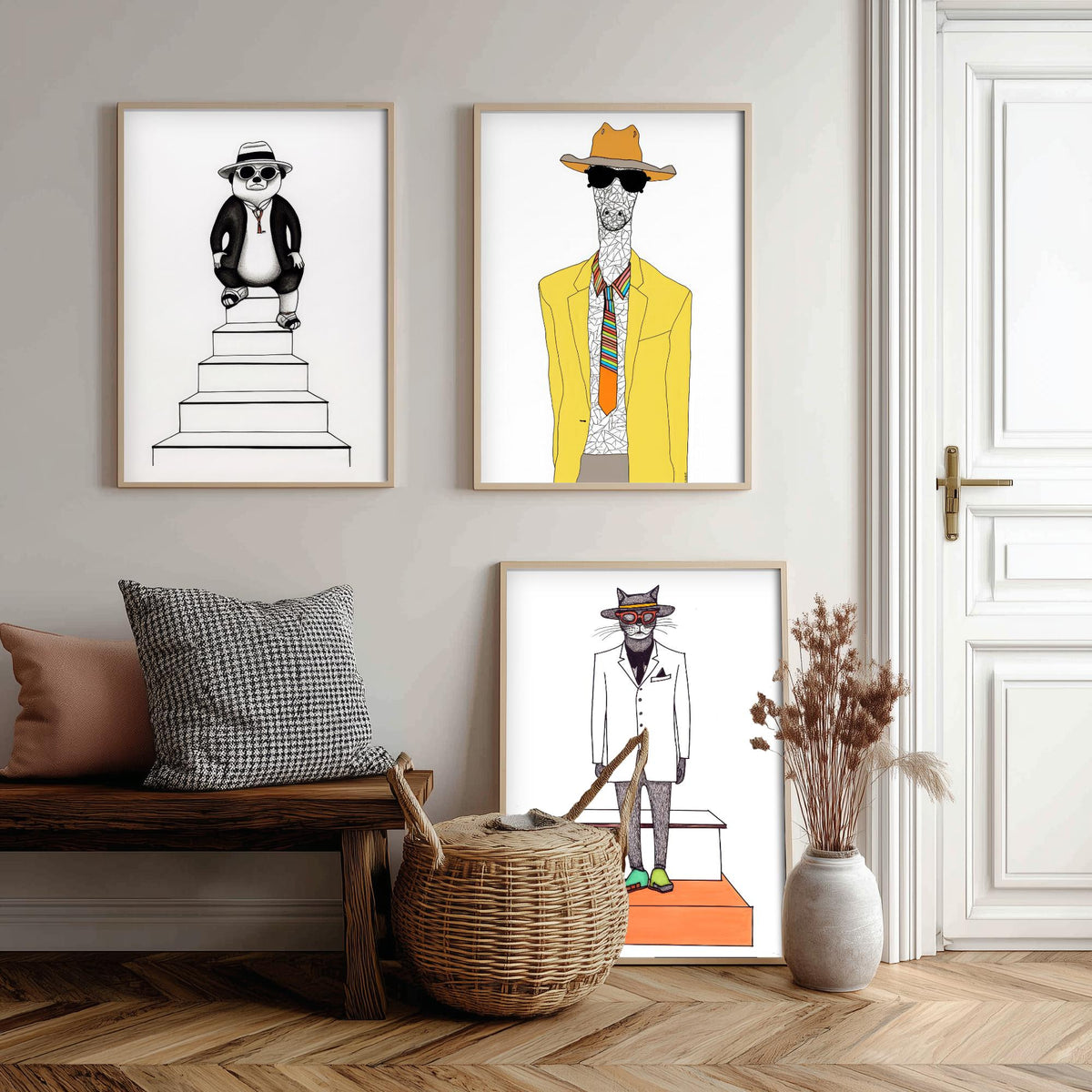 Dapper Animals Set of Three Art Prints - Panda, Giraffe, Cat - Quirky Fashion Line Drawing Poster