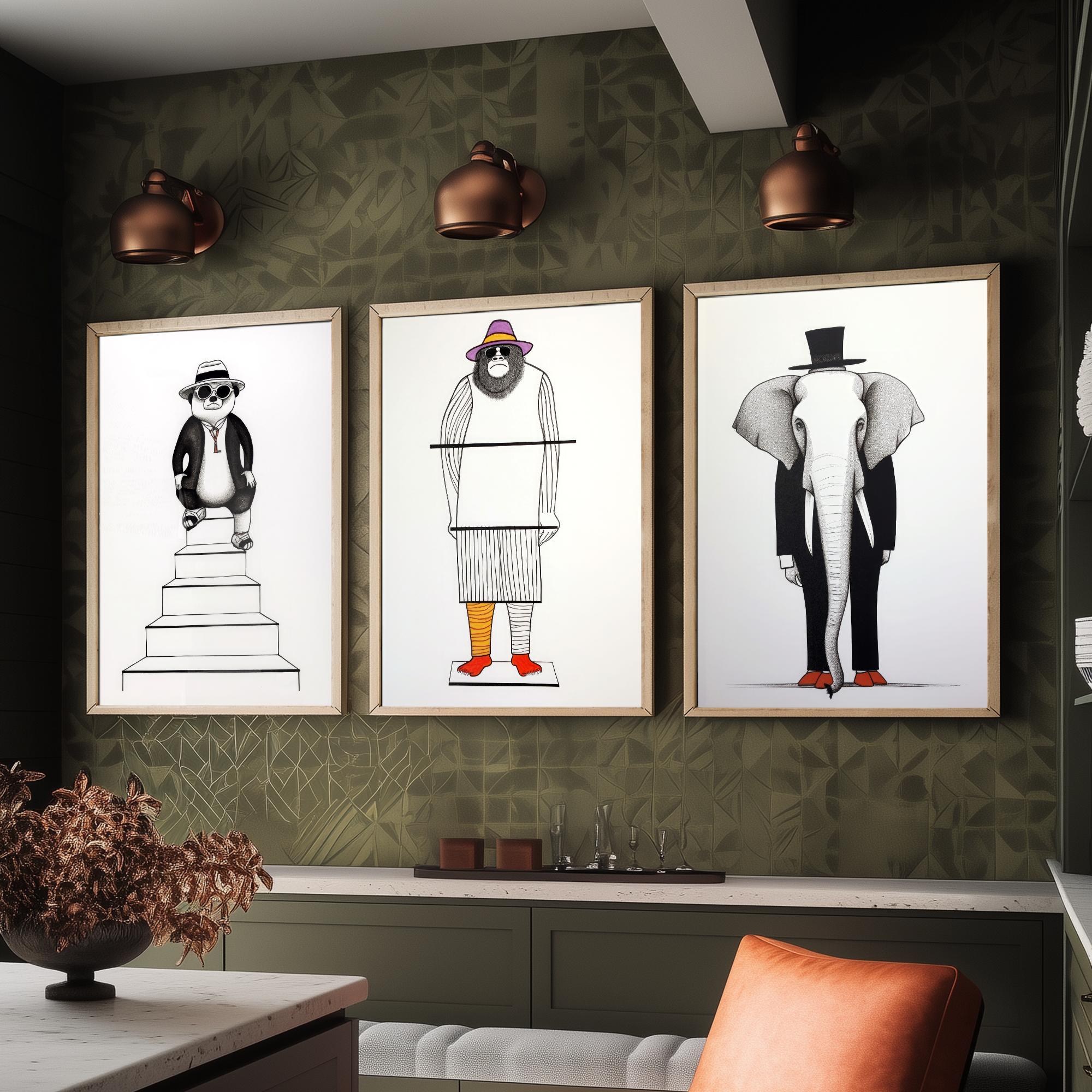 Panda, Gorilla and Elephant Dapper Line Drawings Set of Three – Quote ...