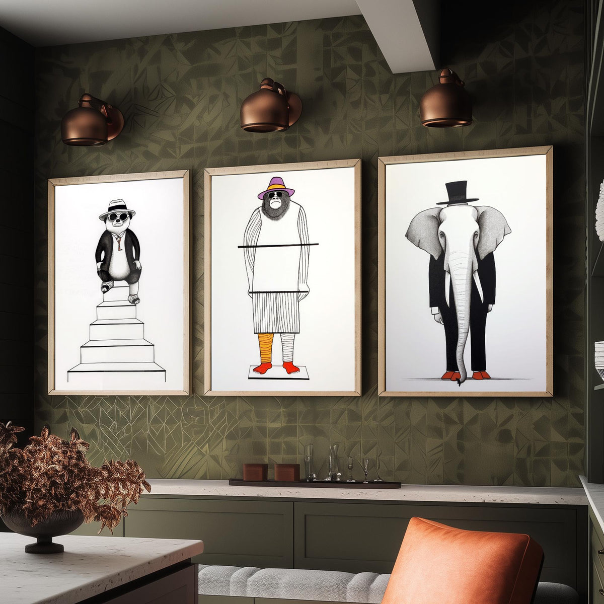 Dapper Animals Set of Three Art Prints - Panda, Gorilla, Elephant - Quirky Line Drawing Poster