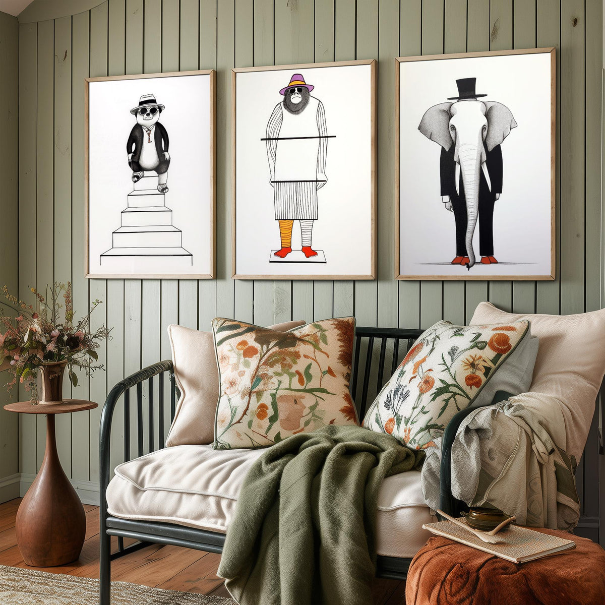 Dapper Animals Set of Three Art Prints - Panda, Gorilla, Elephant - Quirky Line Drawing Poster