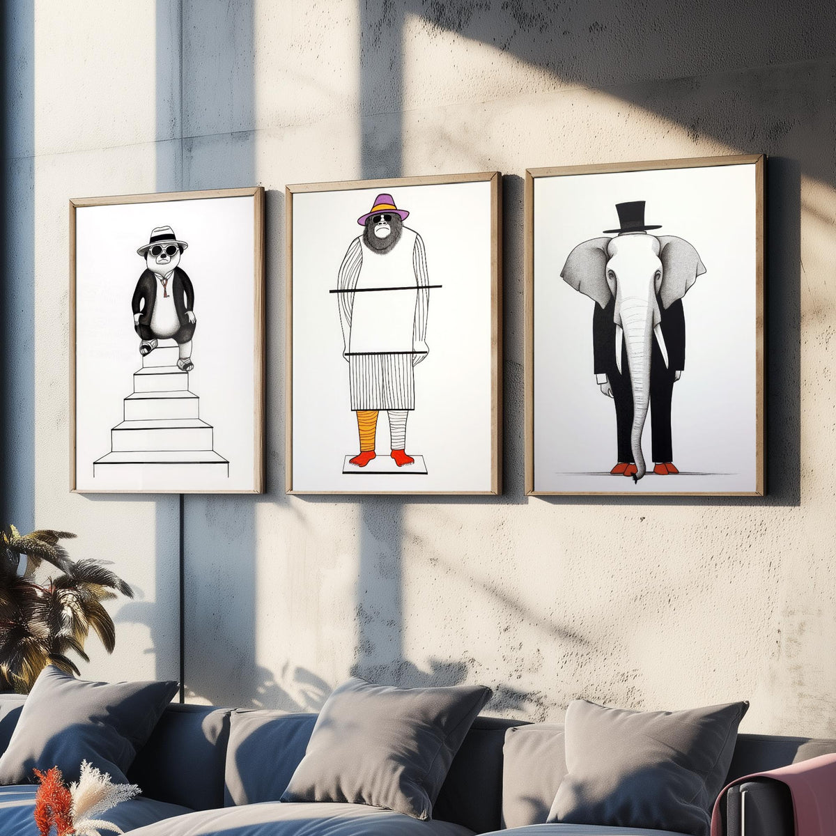 Dapper Animals Set of Three Art Prints - Panda, Gorilla, Elephant - Quirky Line Drawing Poster