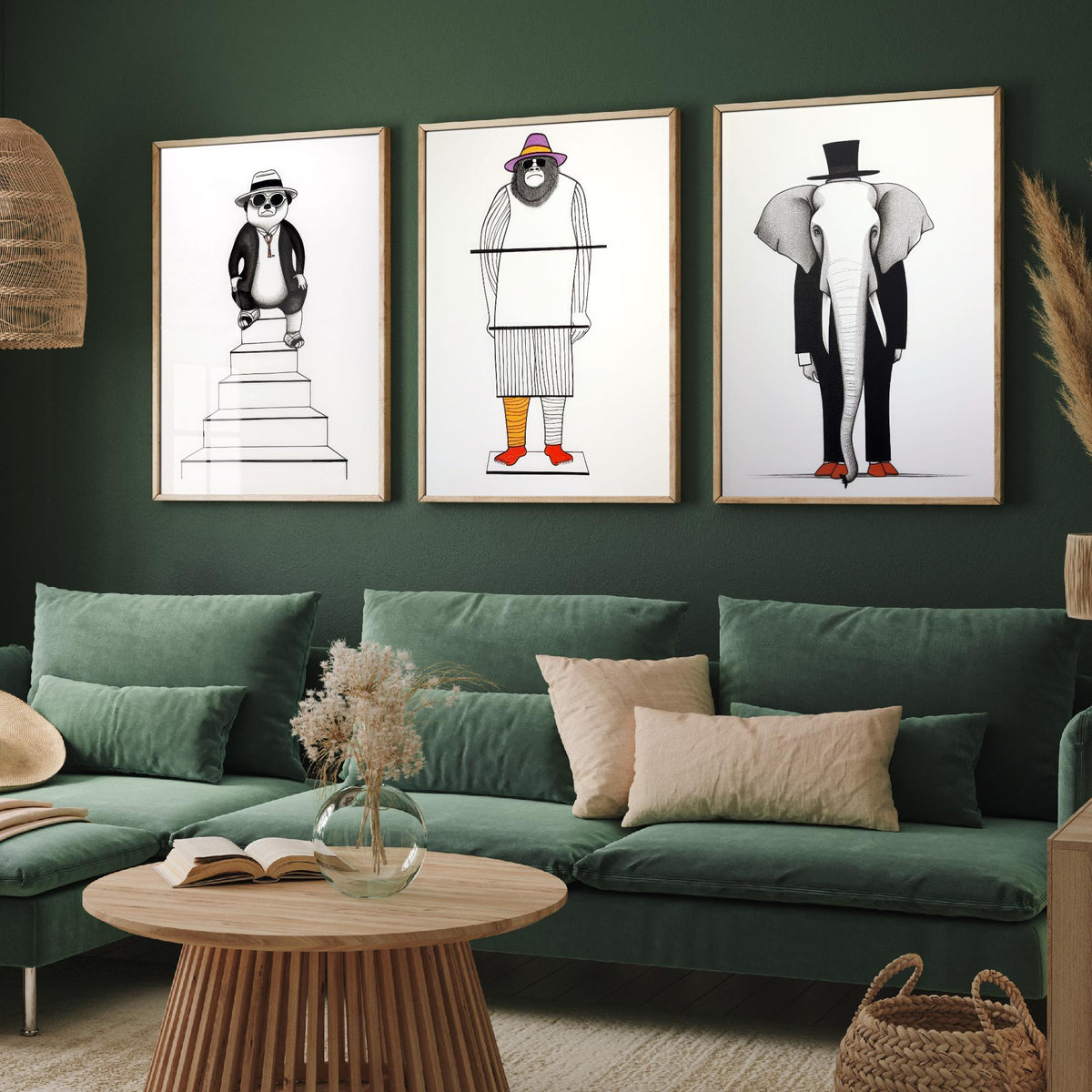 Dapper Animals Set of Three Art Prints - Panda, Gorilla, Elephant - Quirky Line Drawing Poster