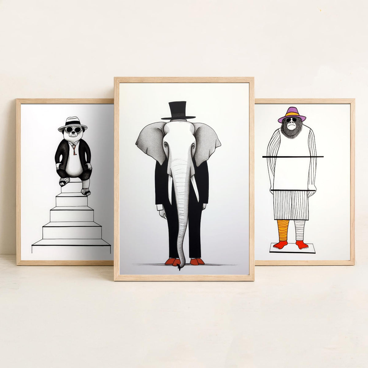 Dapper Animals Set of Three Art Prints - Panda, Gorilla, Elephant - Quirky Line Drawing Poster