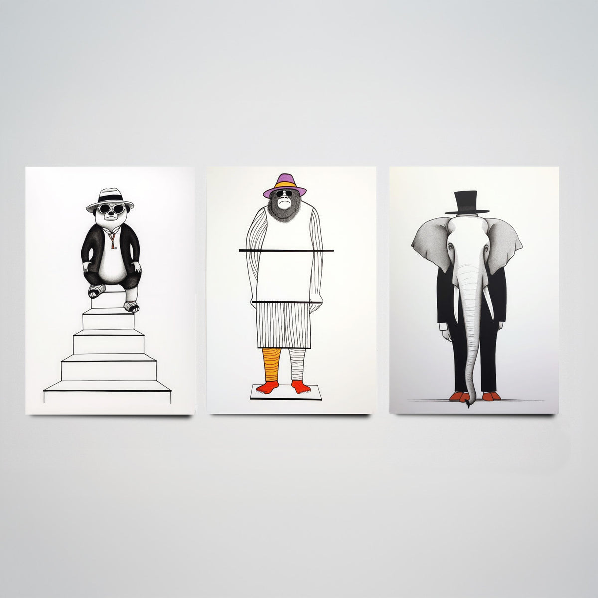 Dapper Animals Set of Three Art Prints - Panda, Gorilla, Elephant - Quirky Line Drawing Poster