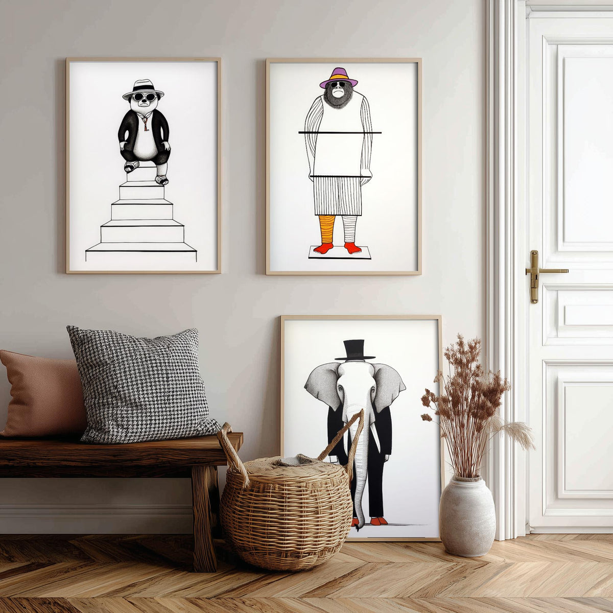 Dapper Animals Set of Three Art Prints - Panda, Gorilla, Elephant - Quirky Line Drawing Poster