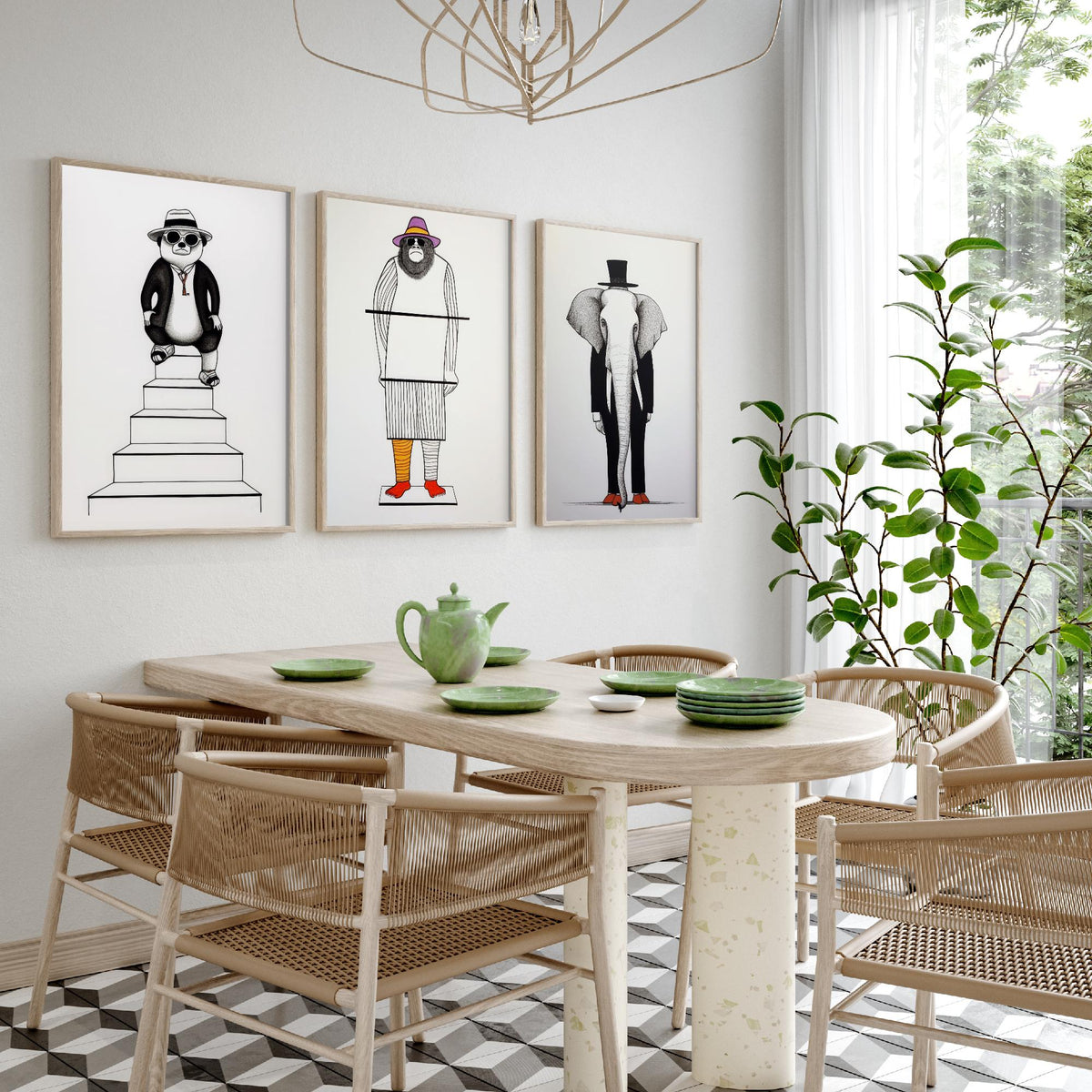 Dapper Animals Set of Three Art Prints - Panda, Gorilla, Elephant - Quirky Line Drawing Poster