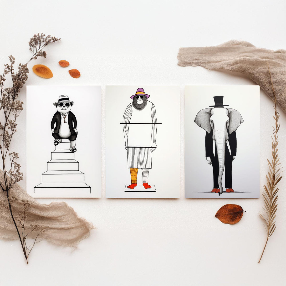 Dapper Animals Set of Three Art Prints - Panda, Gorilla, Elephant - Quirky Line Drawing Poster
