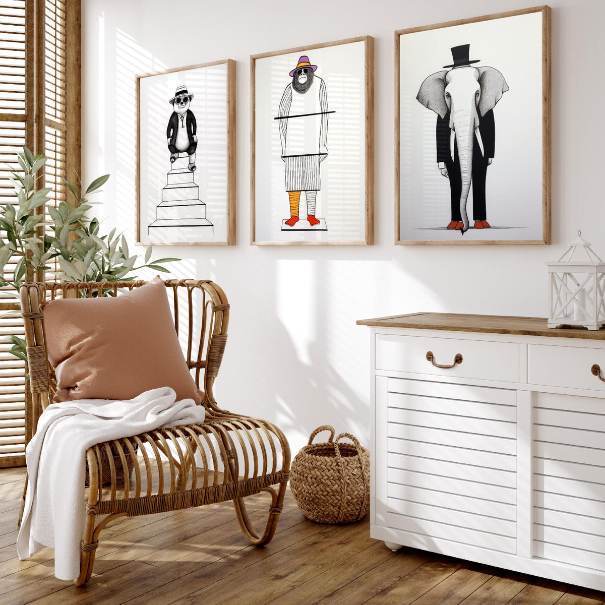 Dapper Animals Set of Three Art Prints - Panda, Gorilla, Elephant - Quirky Line Drawing Poster