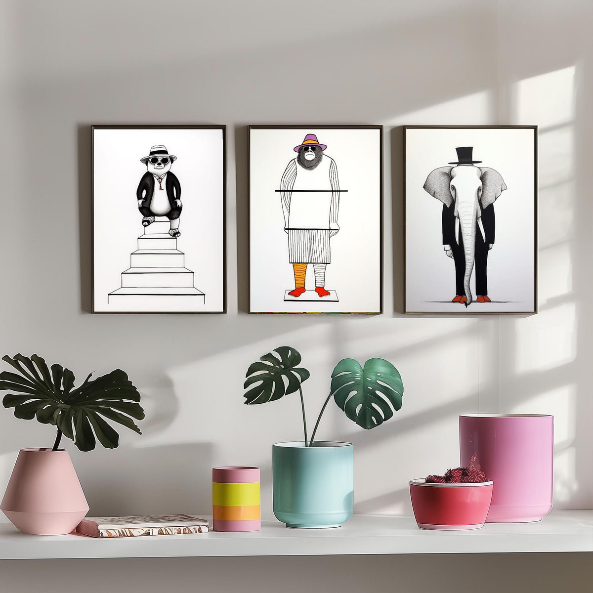 Dapper Animals Set of Three Art Prints - Panda, Gorilla, Elephant - Quirky Line Drawing Poster