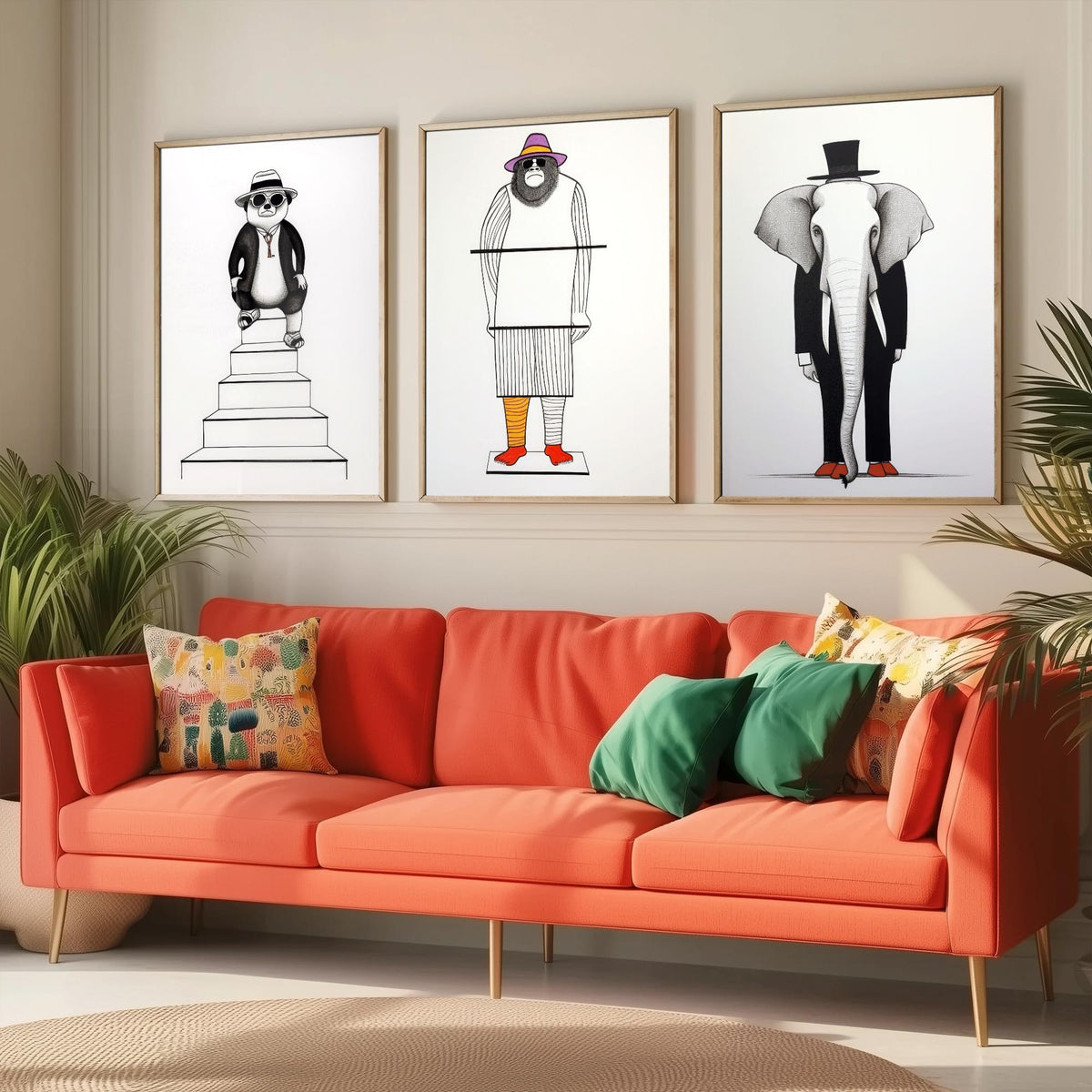 Dapper Animals Set of Three Art Prints - Panda, Gorilla, Elephant - Quirky Line Drawing Poster
