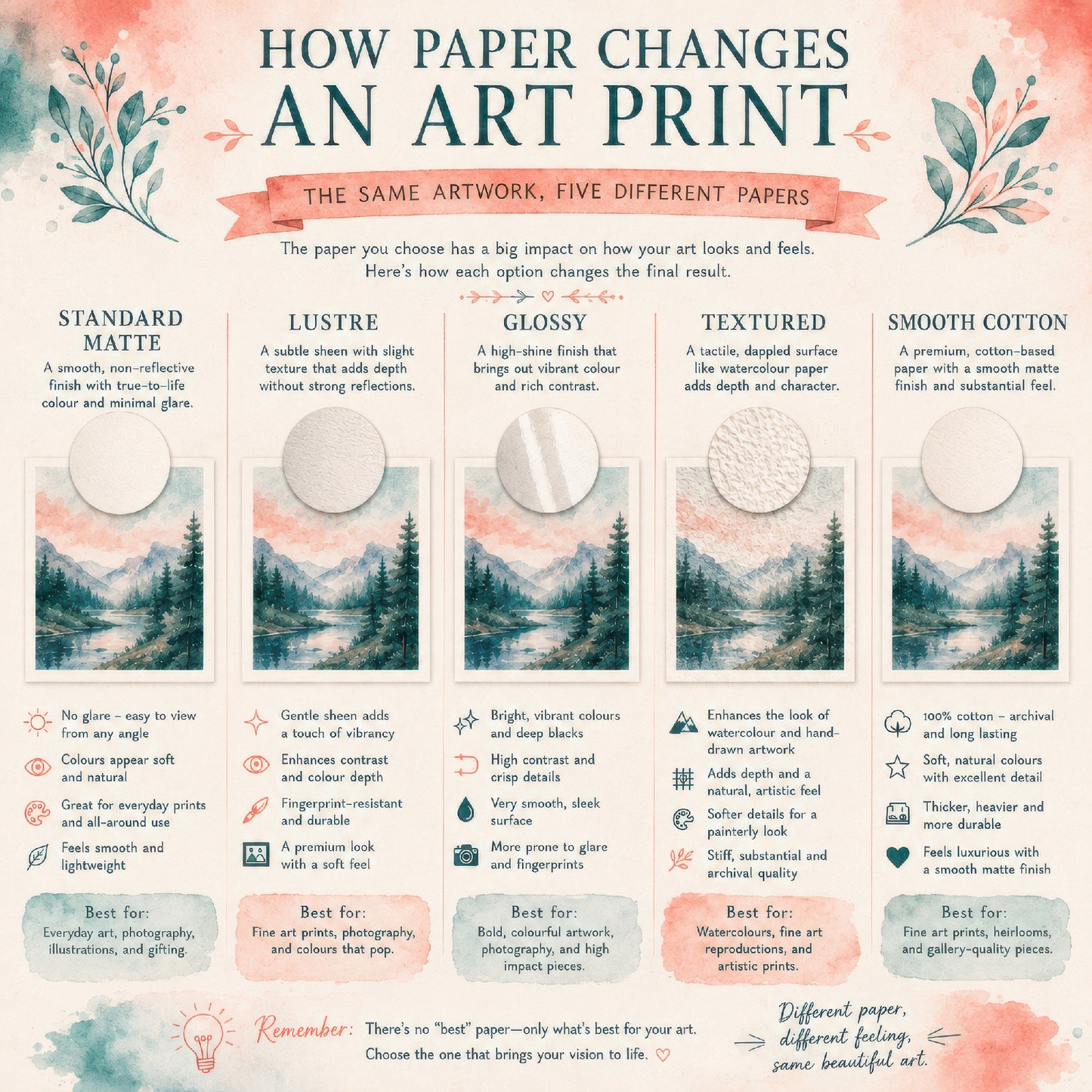 5 Types of Paper Available - Standard (Matte), Lustre, Glossy, Textured (Matte), Smooth Cotton (Matte)
