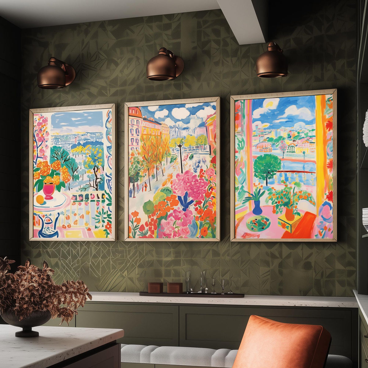 Paris After Matisse Set of Three Art Prints - Fauvist Window Views and Gardens - Bright Painting Poster