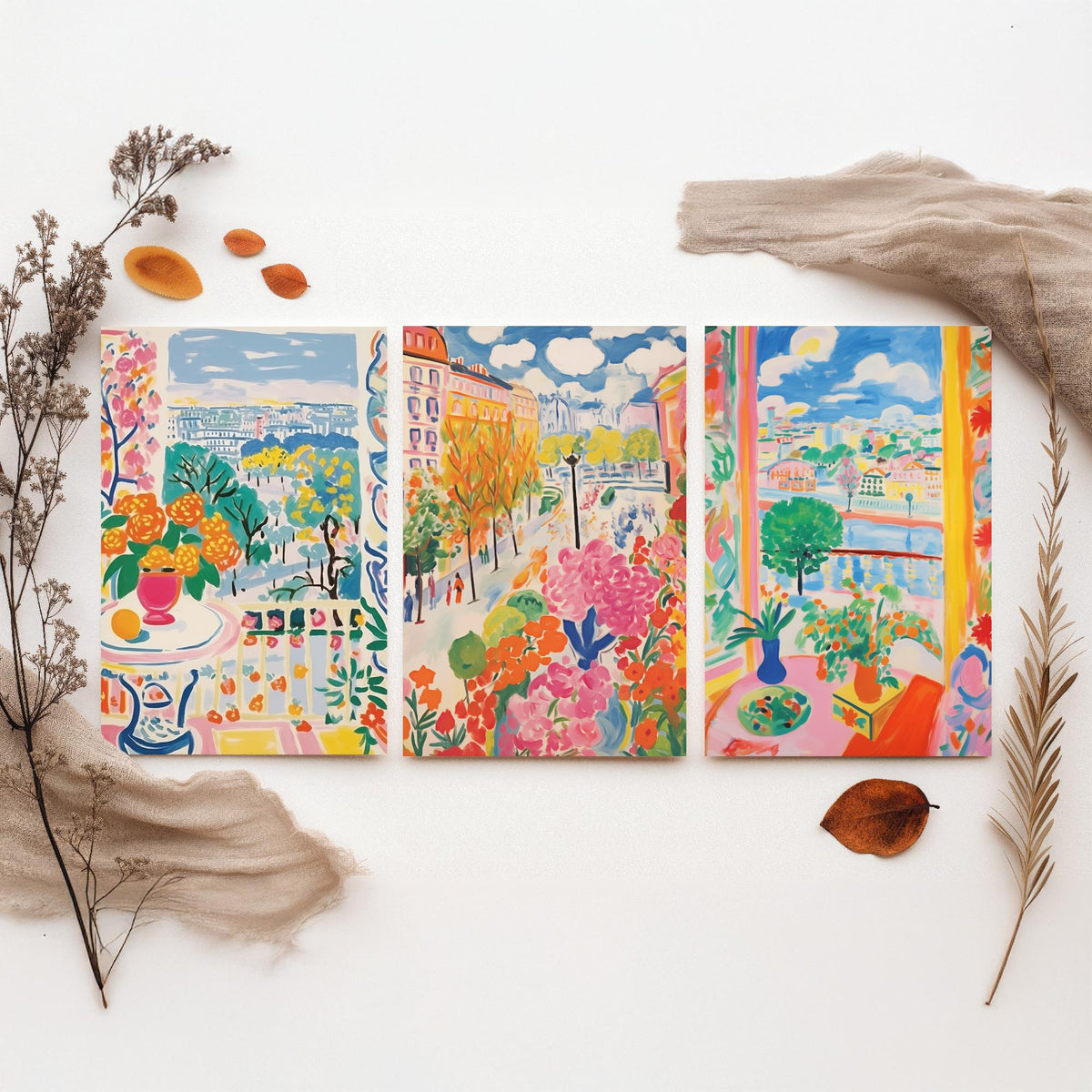 Paris After Matisse Set of Three Art Prints - Fauvist Window Views and Gardens - Bright Painting Poster