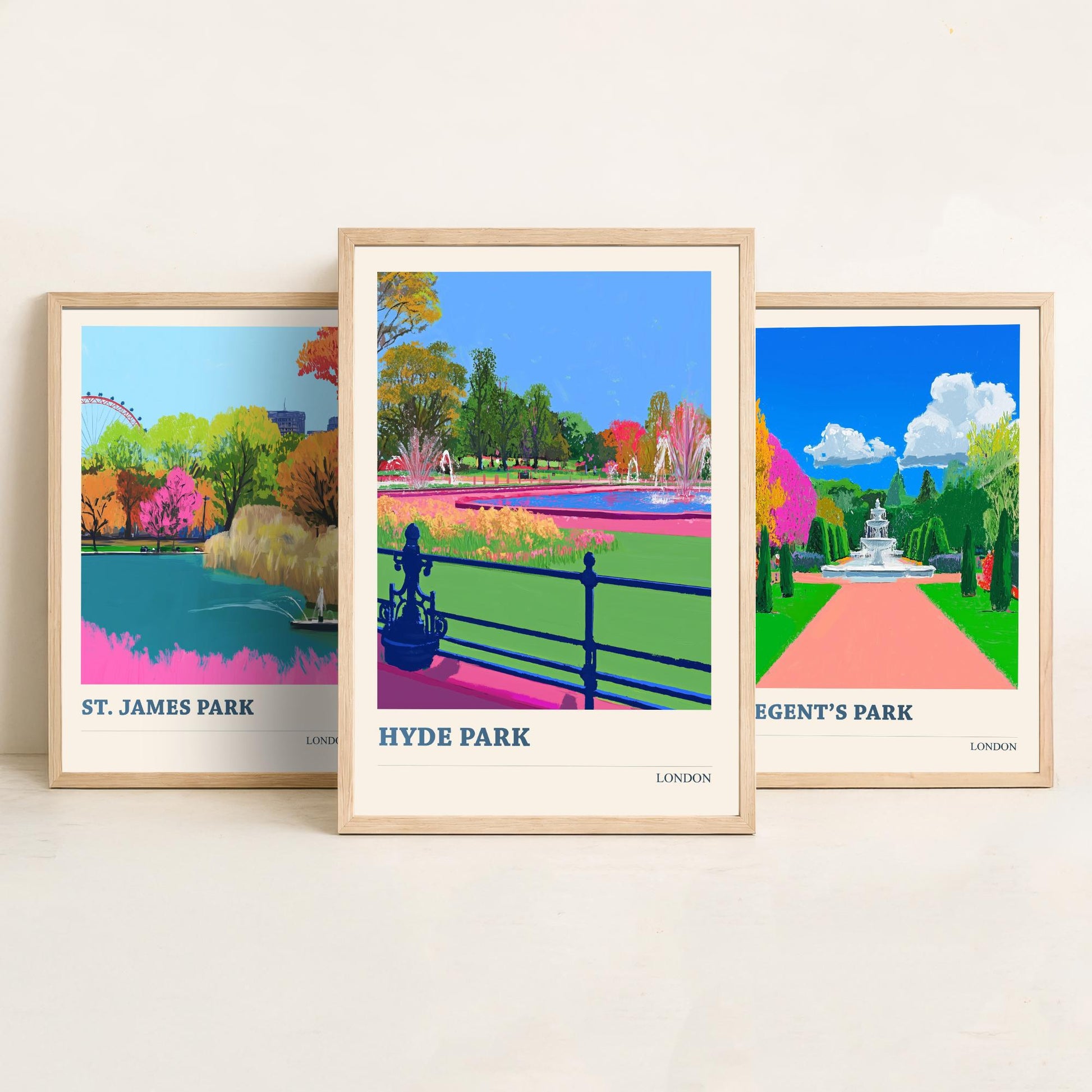 Parks of London Set of Three Prints | St James's Park Regent's Park Hyde Park | Vibrant Travel Wall Art Poster Painting Illustration