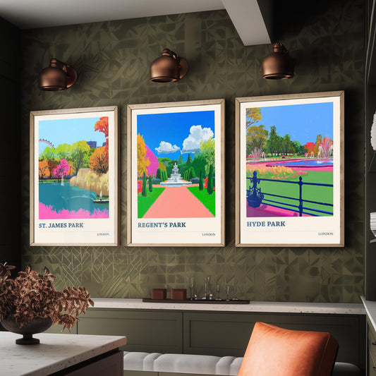 Parks of London Set of Three Prints | St James's Park Regent's Park Hyde Park | Vibrant Travel Wall Art Poster Painting Illustration