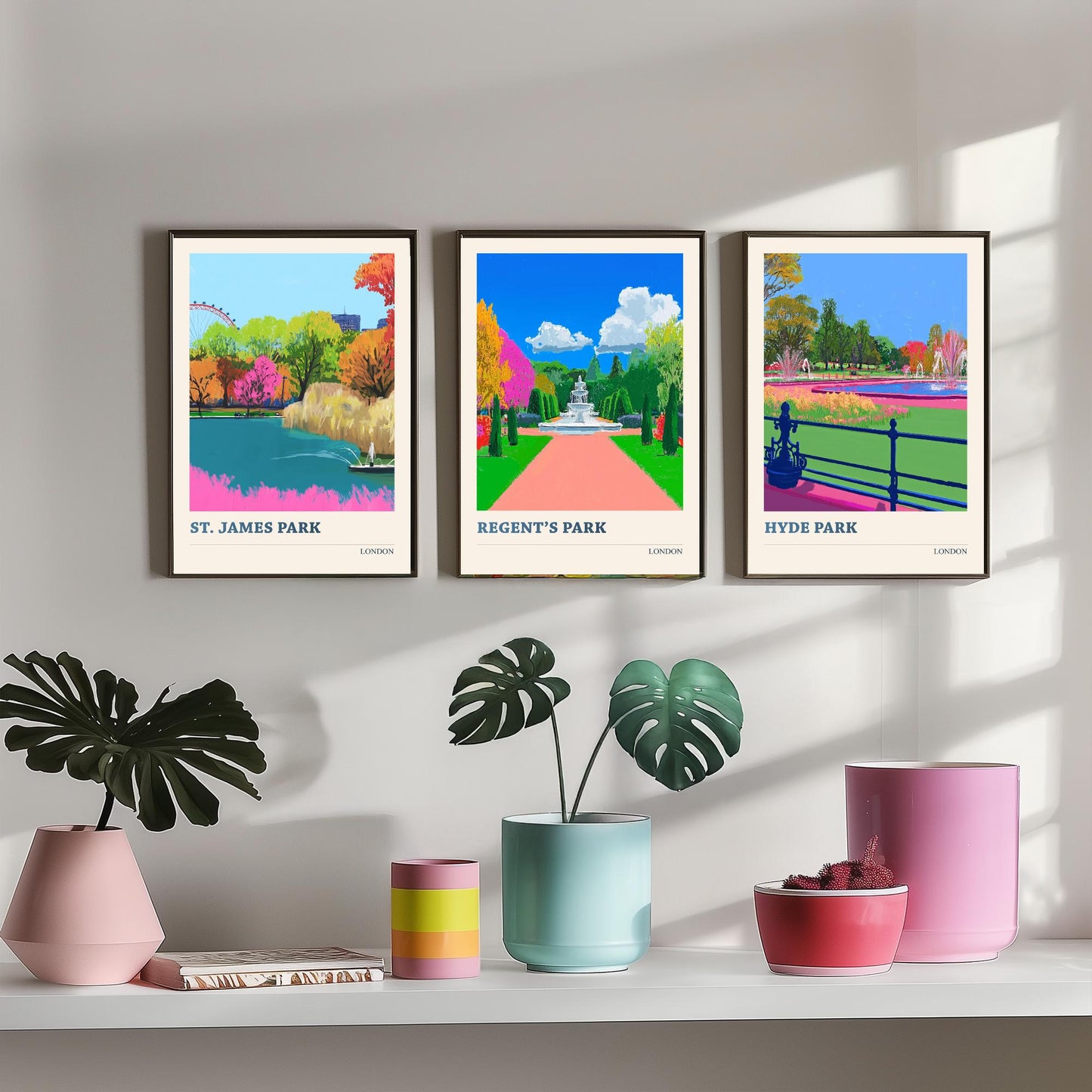 Parks of London Set of Three Prints | St James's Park Regent's Park Hyde Park | Vibrant Travel Wall Art Poster Painting Illustration
