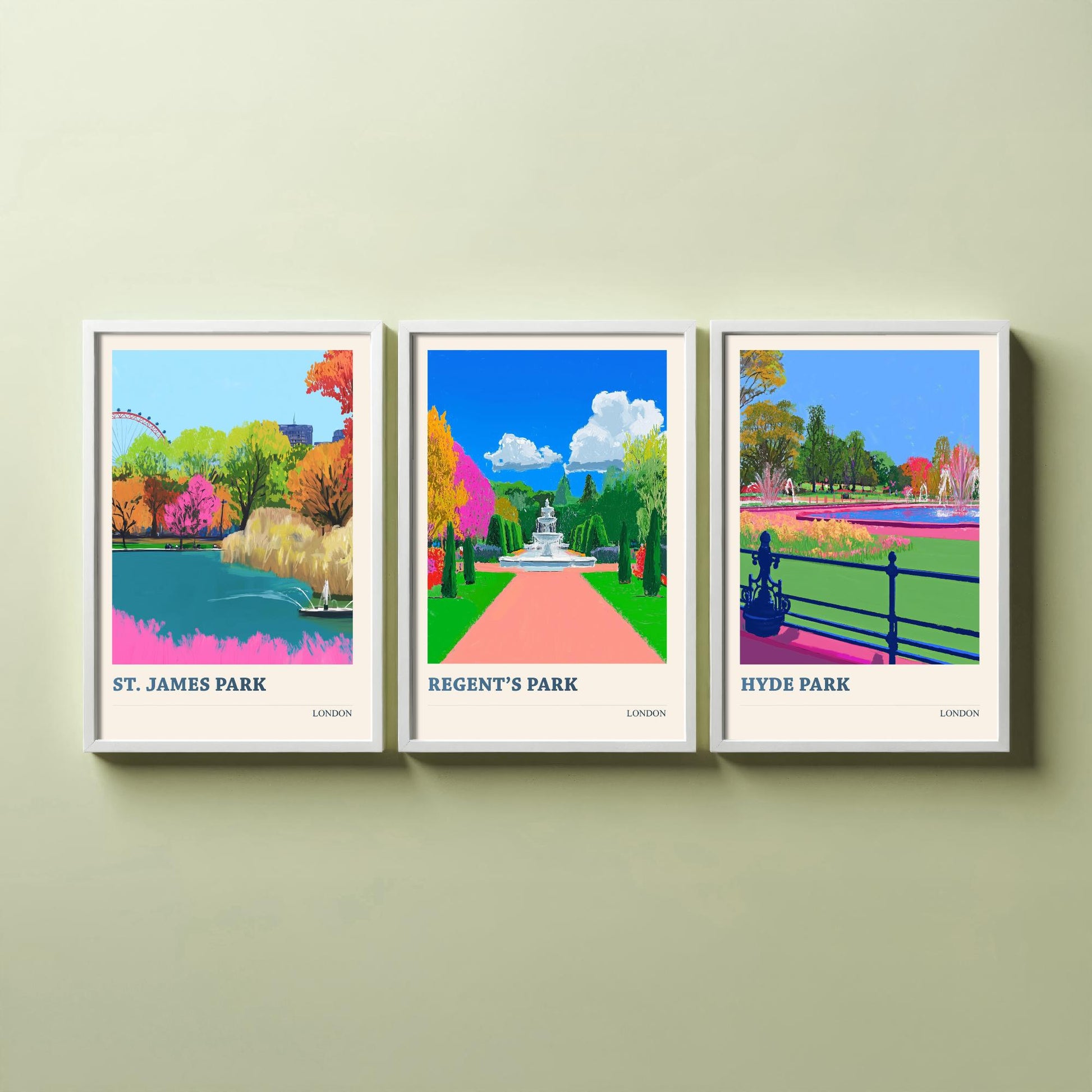 Parks of London Set of Three Prints | St James's Park Regent's Park Hyde Park | Vibrant Travel Wall Art Poster Painting Illustration