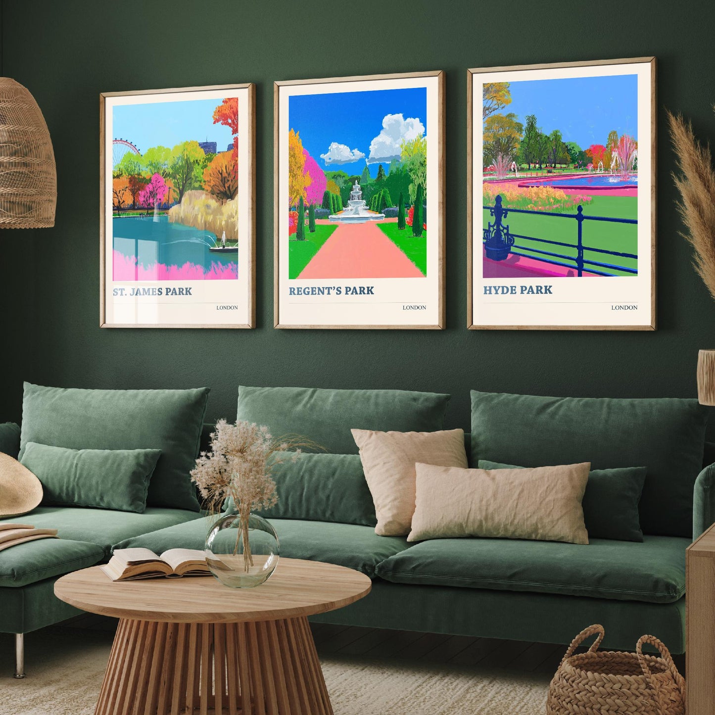 Parks of London Set of Three Prints | St James's Park Regent's Park Hyde Park | Vibrant Travel Wall Art Poster Painting Illustration