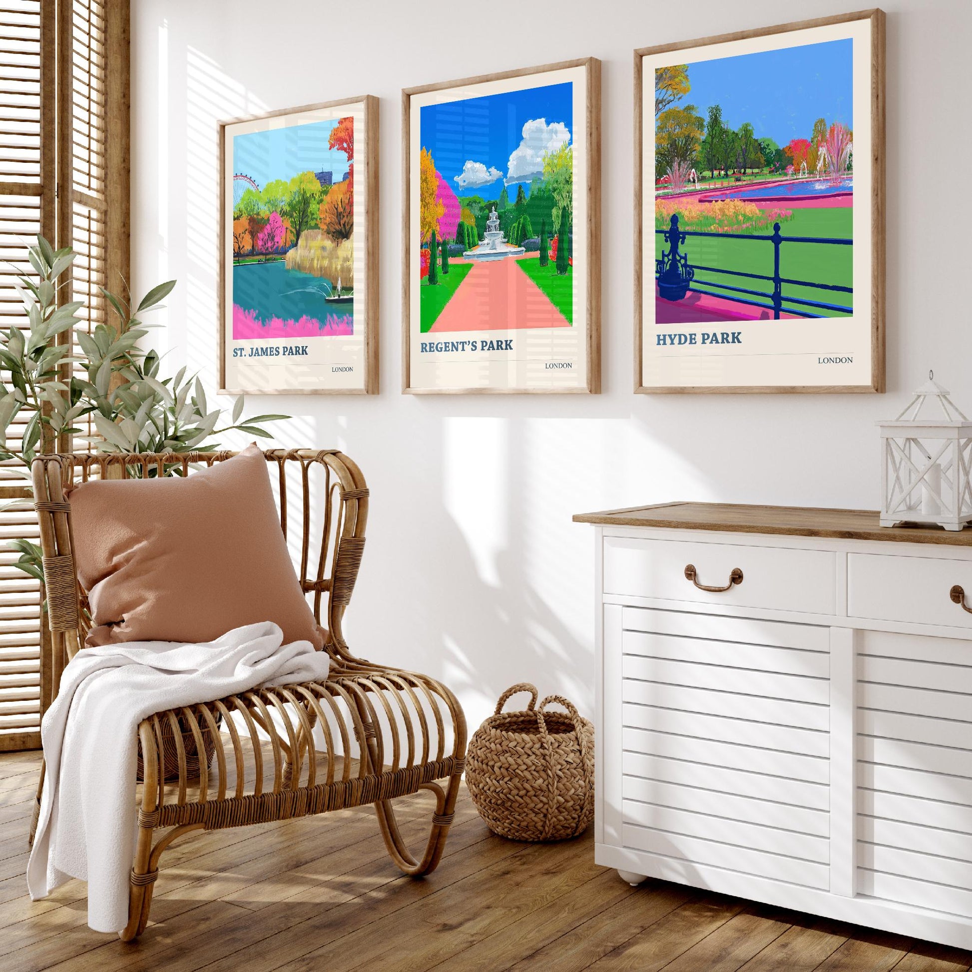 Parks of London Set of Three Prints | St James's Park Regent's Park Hyde Park | Vibrant Travel Wall Art Poster Painting Illustration