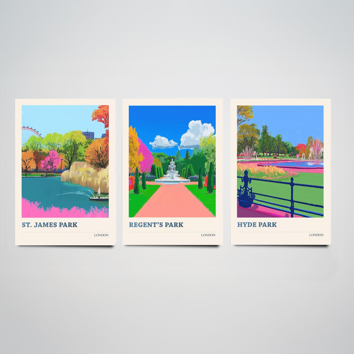 Parks of London Set of Three Prints | St James's Park Regent's Park Hyde Park | Vibrant Travel Wall Art Poster Painting Illustration