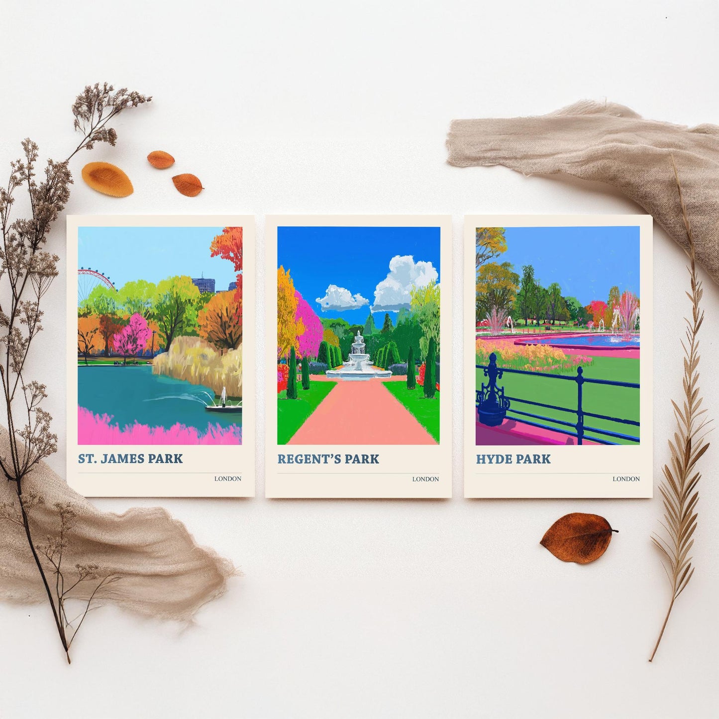 Parks of London Set of Three Prints | St James's Park Regent's Park Hyde Park | Vibrant Travel Wall Art Poster Painting Illustration
