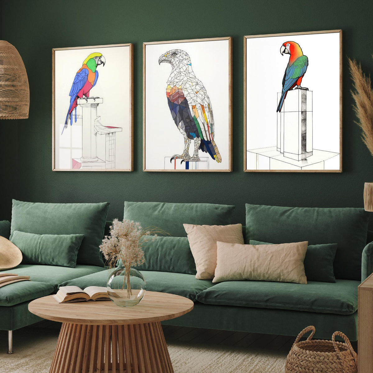 Parrots and Eagle Line Drawings Set of Three Art Prints - Colourful Birds on Plinths - Modern Ink Drawing Poster