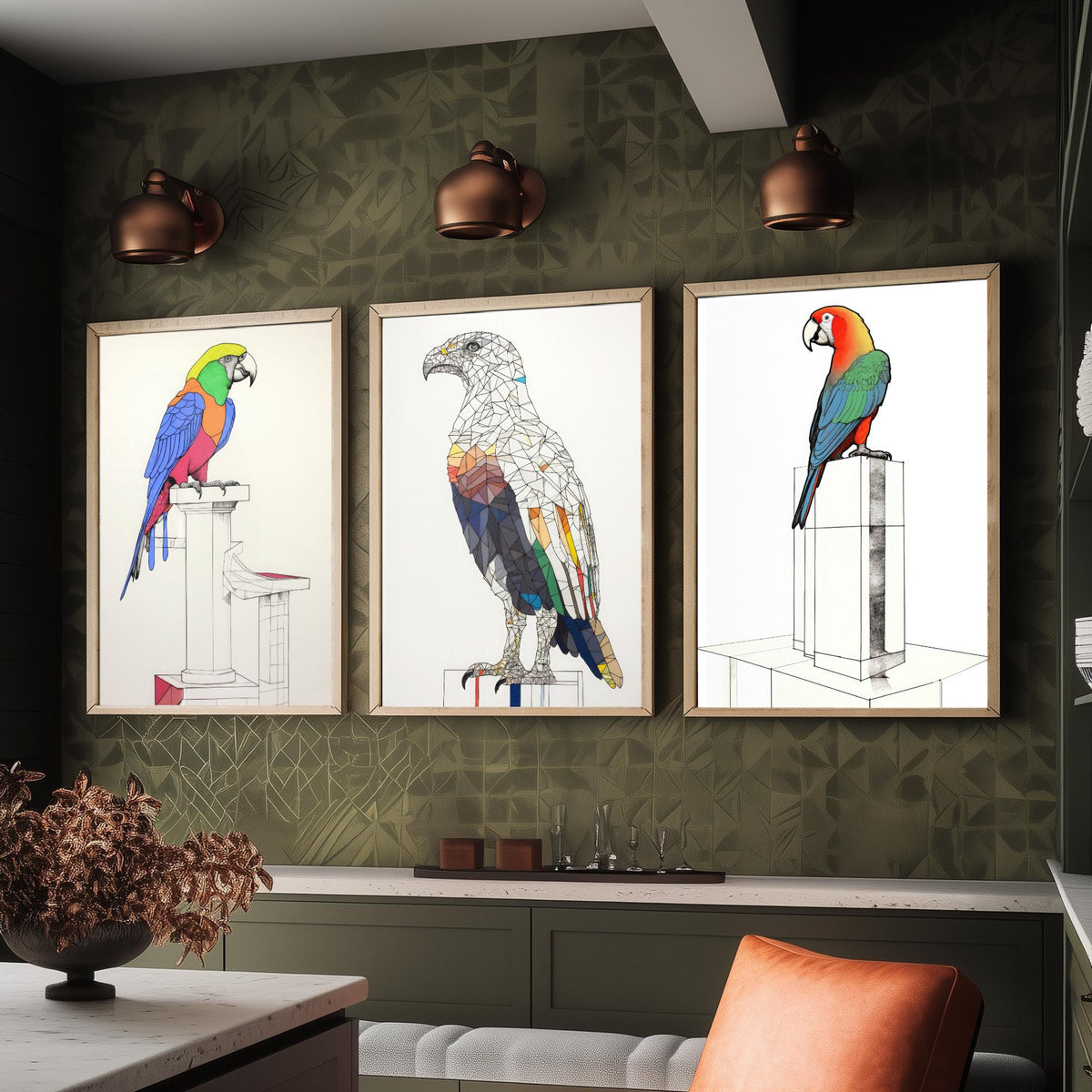Parrots and Eagle Line Drawings Set of Three Art Prints - Colourful Birds on Plinths - Modern Ink Drawing Poster