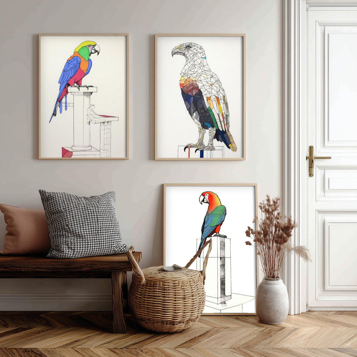Parrots and Eagle Line Drawings Set of Three Art Prints - Colourful Birds on Plinths - Modern Ink Drawing Poster