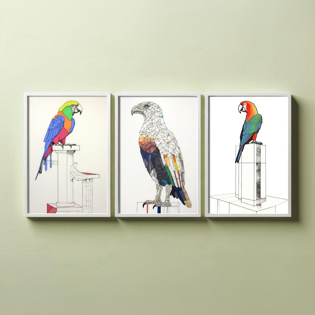 Parrots and Eagle Line Drawings Set of Three Art Prints - Colourful Birds on Plinths - Modern Ink Drawing Poster