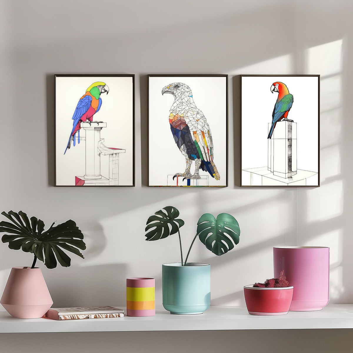 Parrots and Eagle Line Drawings Set of Three Art Prints - Colourful Birds on Plinths - Modern Ink Drawing Poster