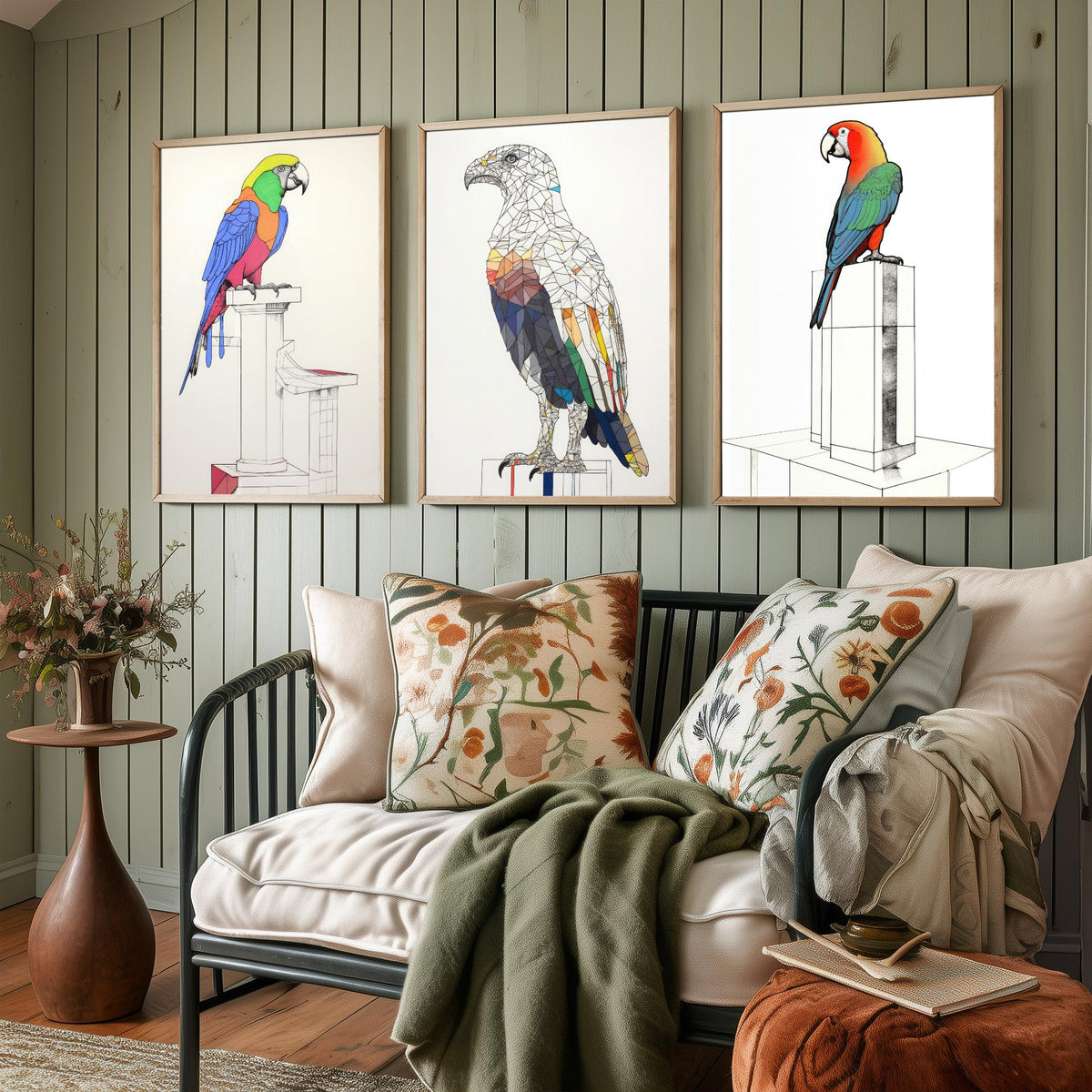 Parrots and Eagle Line Drawings Set of Three Art Prints - Colourful Birds on Plinths - Modern Ink Drawing Poster