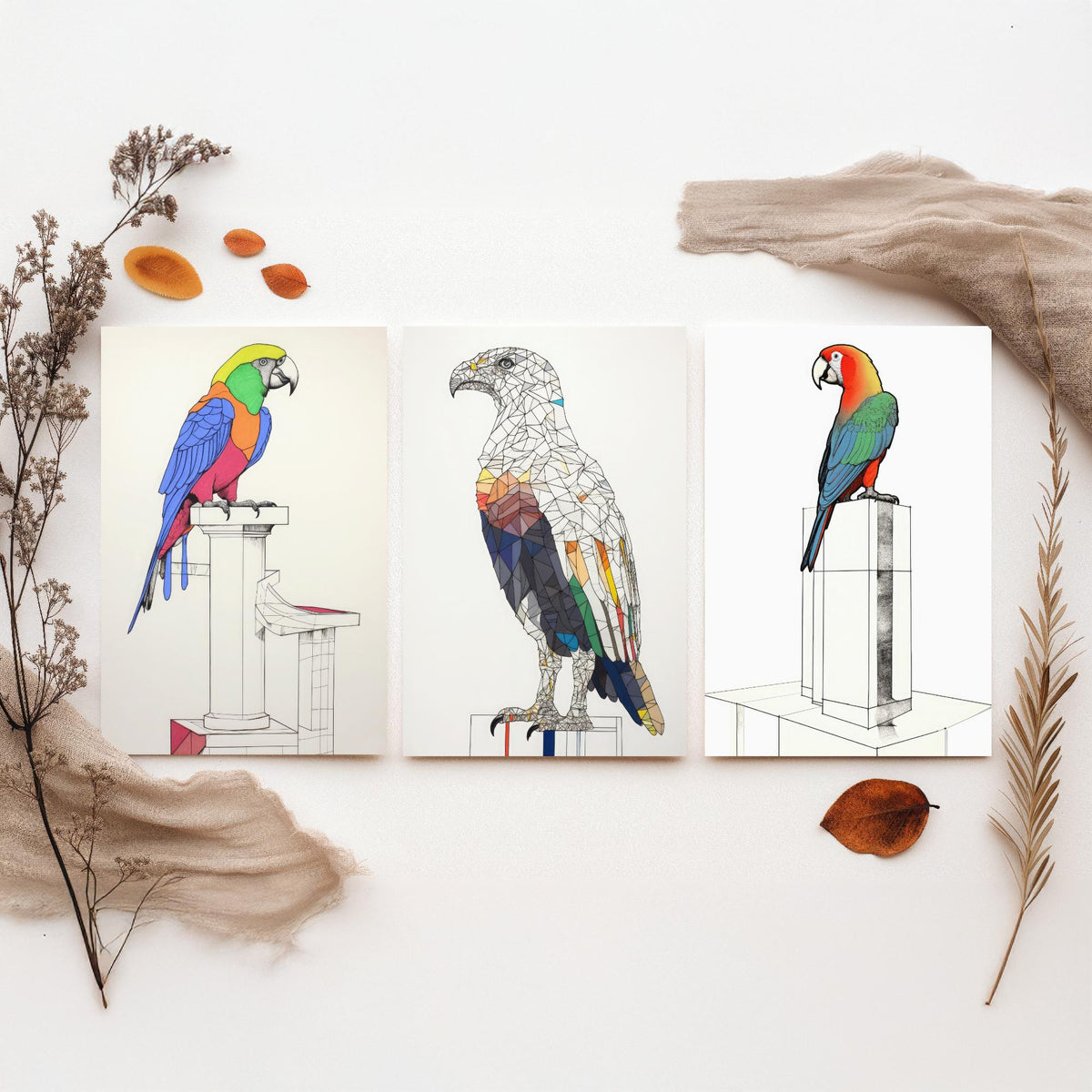 Parrots and Eagle Line Drawings Set of Three Art Prints - Colourful Birds on Plinths - Modern Ink Drawing Poster