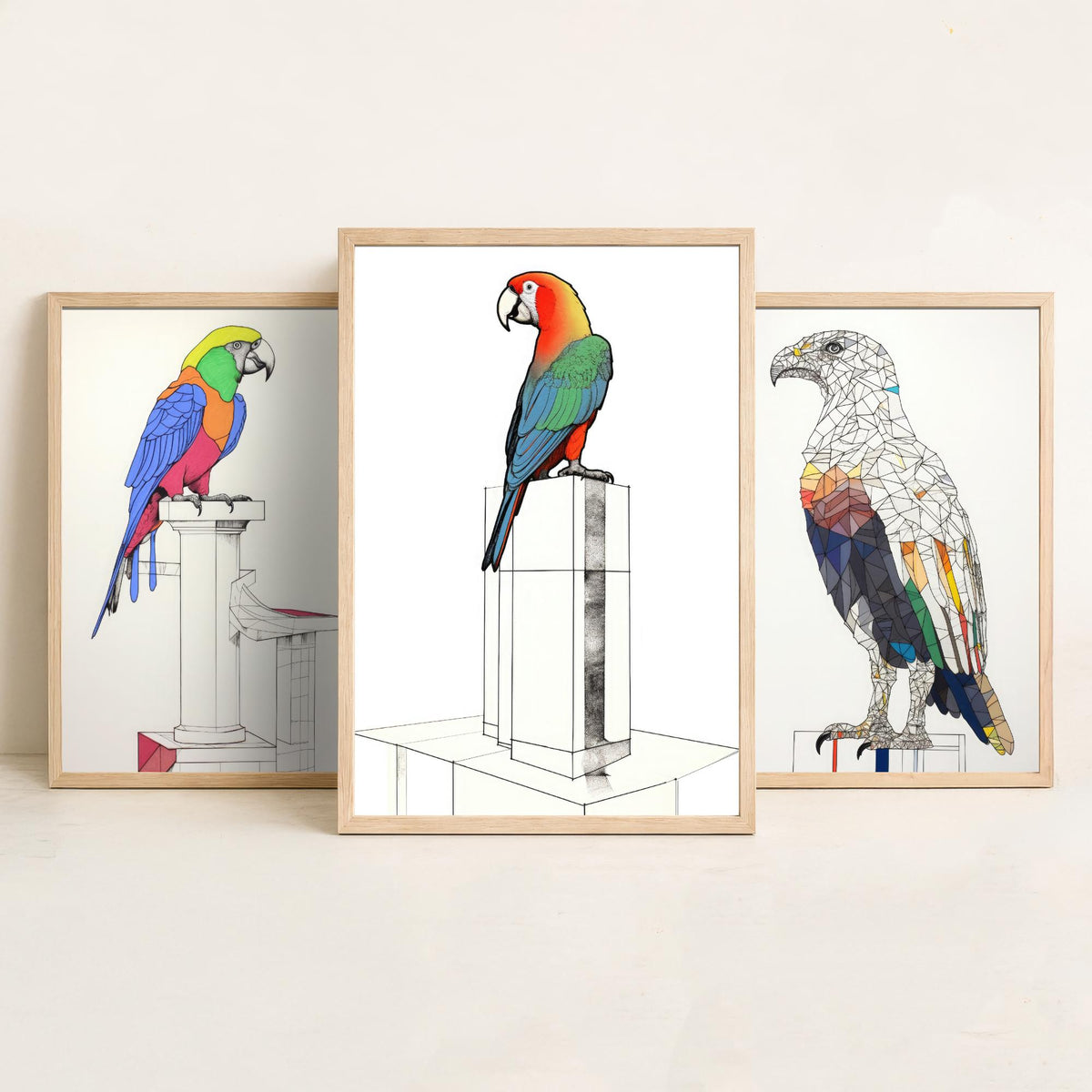 Parrots and Eagle Line Drawings Set of Three Art Prints - Colourful Birds on Plinths - Modern Ink Drawing Poster
