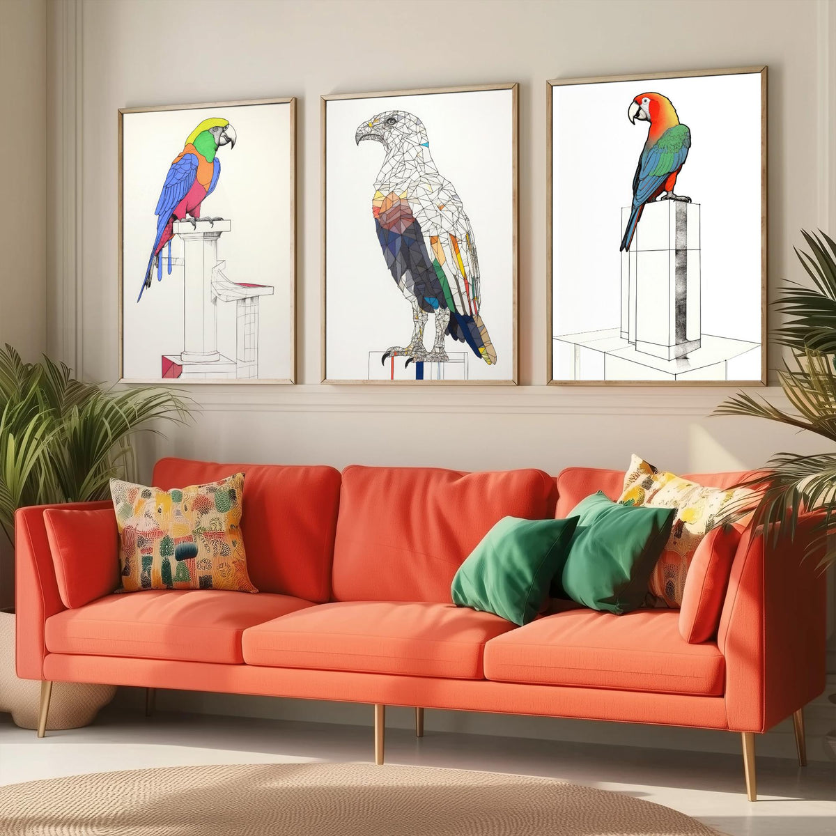 Parrots and Eagle Line Drawings Set of Three Art Prints - Colourful Birds on Plinths - Modern Ink Drawing Poster
