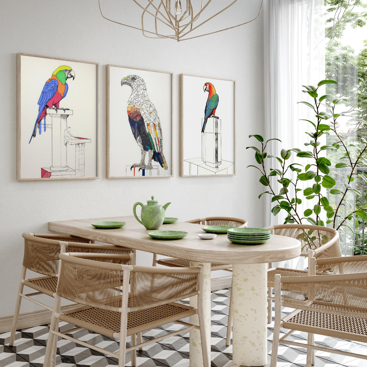 Parrots and Eagle Line Drawings Set of Three Art Prints - Colourful Birds on Plinths - Modern Ink Drawing Poster